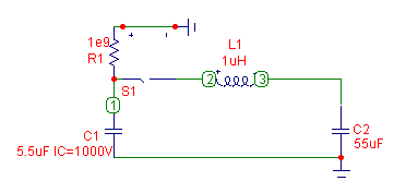 Mis-matched capacitance (C2>>C1) resonant charging CLC circuit schematic