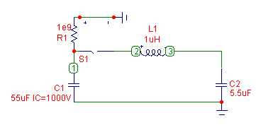 Mis-matched capacitance (C2<<C1) resonant charging CLC circuit schematic